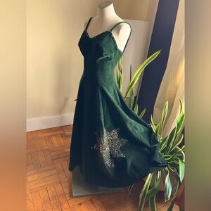 Spectacular Vintage Dark Green Velvet A-line Ballgown Embellished XXS/XS